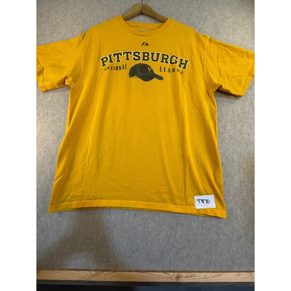 Majestic Pittsburgh Pirates T Shirt Mens Large Yellow Legacy Graphic MLB Tee